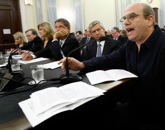 David Simon (right), a TV producer and former newspaper journalist, testified along with (from left) Marissa Mayer of Google; former Washington Post managing editor Steve Coll; Arianna Huffington, founder of The Huffington Post; Alberto Ibarguen, CEO of the Knight Foundation; and Dallas Morning News publisher James M. Moroney III.