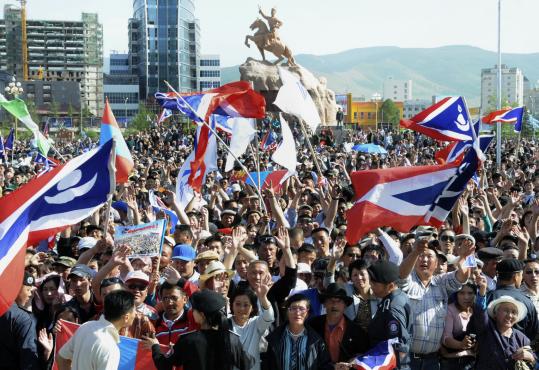 Supporters celebrated in Ulan Bator after Tsakhiagiin Elbegdorj claimed victory yesterday in Mongolia's presidential election.