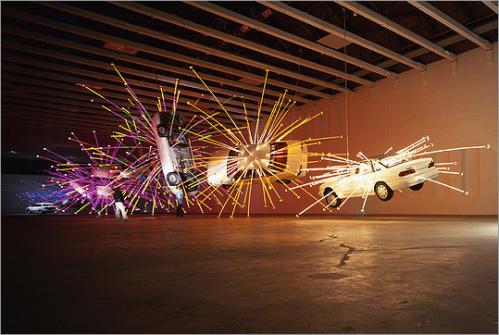 Mass MoCA's signature space, the football field-size Building 5, has housed a range of ambitious installations. In Cai Guo Qiang's 'Inopportune' (2004-05), a series of cars tumbled through the air with rods of light radiating from them.