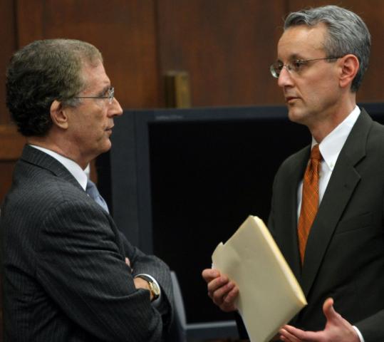 Defense attorney Jeffrey Denner (above left) and prosecutor David Deakin (above right) spoke yesterday as jurors deliberated the fate of Clark Rockefeller (seated right, with lawyer Tim Bradl) at Suffolk Superior Court.