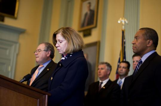 Governor Deval Patrick, Senate President Therese Murray, and House Speaker Robert A. DeLeo at a press conference yesterday to announce an agreement on pension legislation.