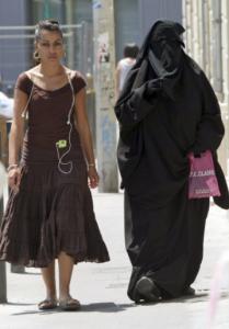 Two women, one wearing a burqa, walked side by side in the Belsunce district of Marseille last week.