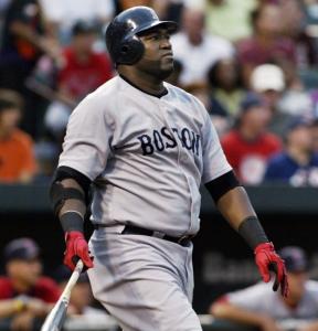 David Ortiz followed the flight of his two-run homer off Baltimore Orioles starting pitcher Jeremy Guthrie last night.