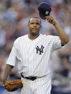 CC Sabathia acknowledges the Yankee Stadium cheers after he allowed two hits in 7 2/3 innings.