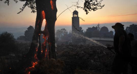 A firefighter doused a burning tree yesterday at Nea Makri, north of Athens, where a nearby convent was evacuated.