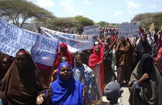 Displaced Somalis demonstrated against reduced relief food distribution at a camp outside of Mogadishu.
