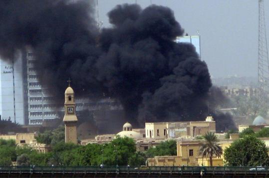Smoke billowed after an explosion in the Bab al-Muazam district, near the former Defense Ministry in central Baghdad.