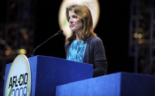 Caroline Kennedy was greeted warmly yesterday when she spoke at the AFL-CIO convention about Edward M. Kennedy.