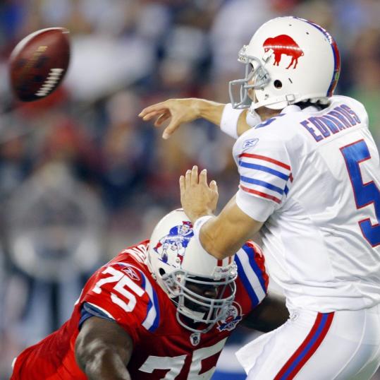 The Patriots were victimized by the “Brady Rule’’ when Vince Wilfork was called for roughing Bills quarterback Trent Edwards.