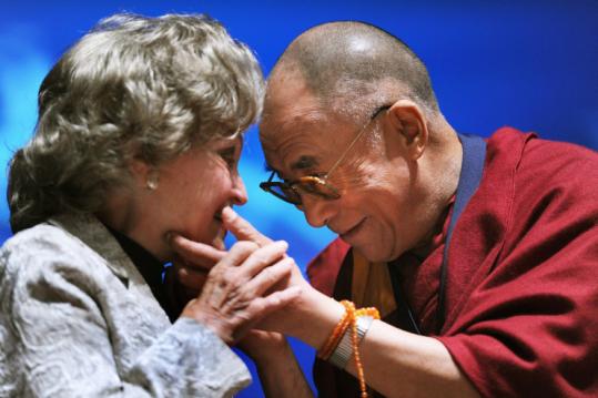 The Dalai Lama with Annette Lantos, widow of former US representative Tom Lantos, at yesterday’s awards ceremony.