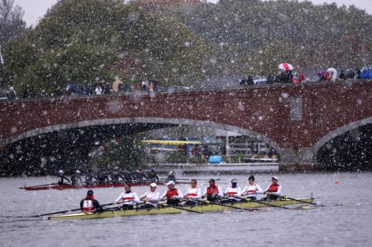 Rowers at yesterday’s Head of the Charles Regatta battled strong headwinds served up by a northeaster.