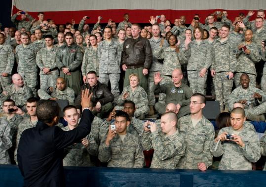 President Obama greeted troops at Elmendorf Air Base in Anchorage. It was his first visit to the state, made before a trip to Japan, Singapore, China, and South Korea.