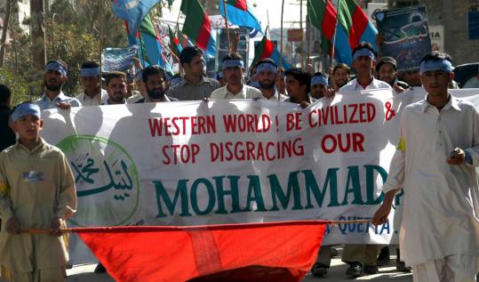 Pakistanis protested against cartoons depicting Mohammed in 2008. Officials in Pakistan and Algeria are calling for a treaty that would protect religious symbols from mockery.