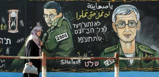 A mural depicts captured Israeli soldier Gilad Shalit in Jabalya in the northern Gaza Strip. He was abducted in 2006.