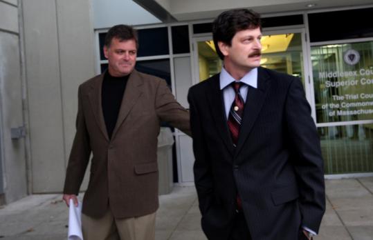 Joan Baruffaldi’ two brothers, Tom (left) and Robert, were in court in Woburn yesterday.