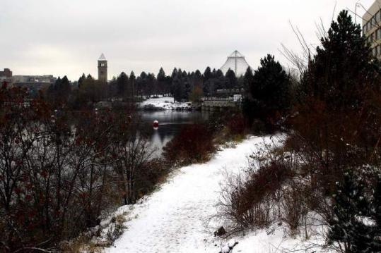 A view from Spokane’s downtown along the Spokane River, where there is a white Christmas 70 percent of the time.