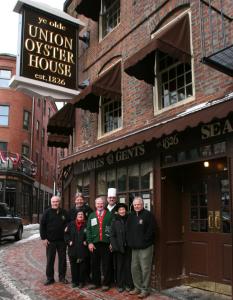 Gathered outside Ye Olde Union Oyster House were James P. Malinn, Troy Thissel, Pattie Burke, William F. Connolly Jr., John Glufling, Mary Ann Milano-Picardi, and Joe Milano.