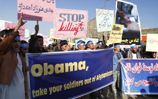 Several hundred Afghans chanted anti-American slogans at protests in the nation’s capital, Kabul, yesterday.