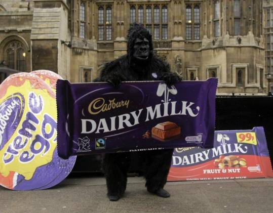 A demonstrator dressed as a  gorilla protested against the possible sale of the Cadbury chocolate  company outside the Houses of Parliament in London in December.