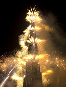 Fireworks exploded during the opening ceremony for the $1.5 billion, 200-story Burj Khalifa building in Dubai yesterday. Dubai is opening the half-mile tall tower in the midst of a deep financial crisis.