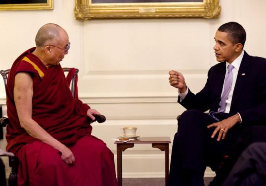 QUIET WELCOME - President Obama welcomed the Dalai Lama to  the White House yesterday and lauded his goals for the Tibetan people,  but he kept the visit low-key in an attempt to avoid inflaming tensions  with China. Obama told the exiled spiritual leader that he backs the  preservation of Tibet’s culture and supports human rights for its  people.