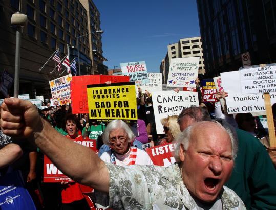 Supporters of national health care legislation demonstrated  yesterday outside the Ritz-Carlton Hotel in Washington, D.C., where the  annual policy conference of America’s Health Insurance Plans was taking  place.