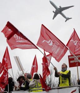 Demonstrators took to a picket line near London’s Heathrow Airport  yesterday during the start of the three-day strike.