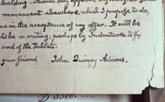 A letter written by President John Quincy Adams 
about burial plans for his father and mother was rediscovered in the 
basement of Quincy City Hall.