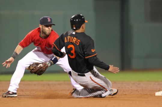 In a rare sight for the Red Sox, Dustin Pedroia tags out Baltimore’s Cesar Izturis attempting to steal in the fifth.