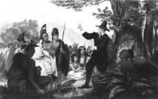 17th-century missionary John Eliot speaks with American Indians.