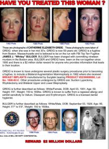 The FBI took out a full-page ad in the April-May edition of Plastic Surgery News, featuring photos of Catherine Greig.