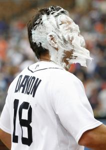 Unwanted as a free agent, Johnny Damon has fit in with the Tigers. He got this shaving cream greeting after a walkoff HR.