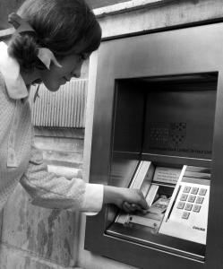A customer put a computer punch card in an ATM in London in 1968. The first automatic teller machine was installed in 1967.