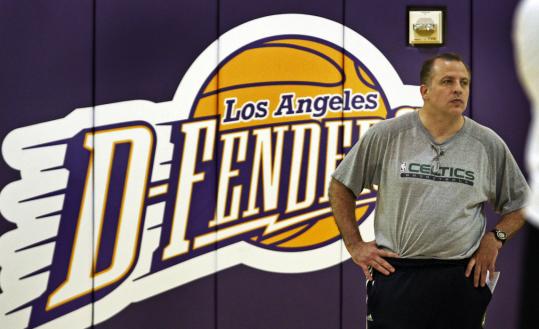 This D-League team’s logo was an appropriate backdrop for Tom Thibodeau at Celtics practice.