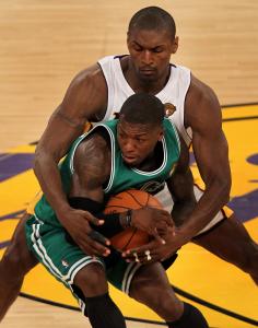 David L. Ryan/Globe Staff Being enveloped by Ron Artest likely didn’t leave Nate Robinson with a comfortable feeling in the second half of Game 2 Sunday night.