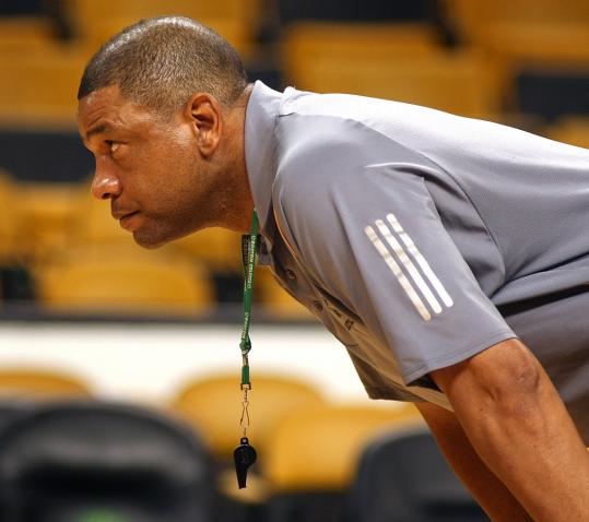 Celtics coach Doc Rivers kept a close eye on practice yesterday, with Game 5 looming tonight.