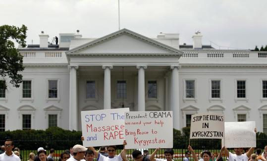 CALL FOR HELP — Demonstrators gathered in front    of the White House yesterday to raise awareness of the events taking    place in Osh, Kyrgyzstan. Ethnic violence is spreading across southern    Kyrgyzstan. Thousands of Uzbeks have fled their homes in Osh, and much    of the city has been burned.