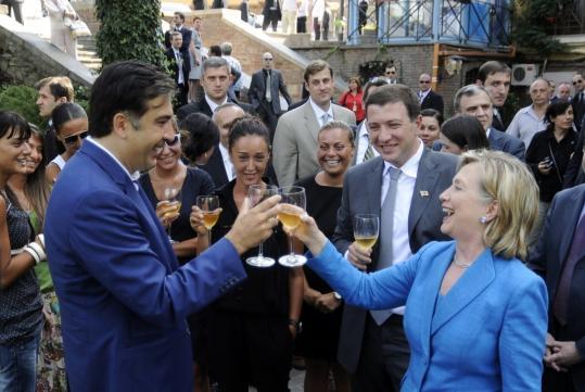 President Mikheil Saakashvili of Georgia toasted Secretary of State   Hillary Rodham Clinton at a cafe in Tbilisi yesterday. On her visit,   Clinton affirmed US support of Georgia’s sovereignty.