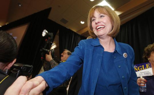 Senate candidate Sharron Angle, shown last month in Las Vegas, said her faith has helped her endure the campaign.