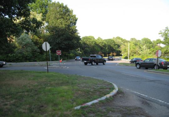 A view of Greenough Boulevard at its intersection with Grove Street (left and right) near the Charles River in Watertown.