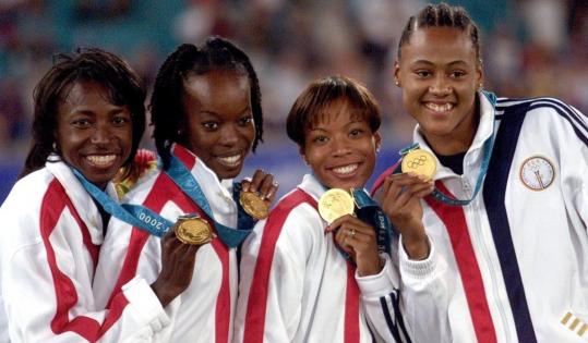 A CAS ruling allows (left to right) Jearl Miles-Clark, La Tasha Colander Clark, and Monique Hennagan to keep their gold medals despite Marion Jones (right) getting banned for doping.