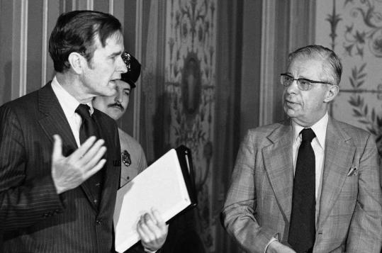 CIA Director George Bush exchanged words in Washington with Daniel Schorr in 1976, when he was a broadcast reporter at CBS.