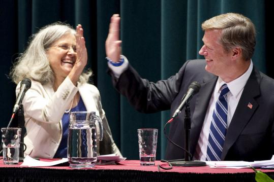 Jill Stein and Charles D. Baker at yesterday’ debate at Suffolk University.