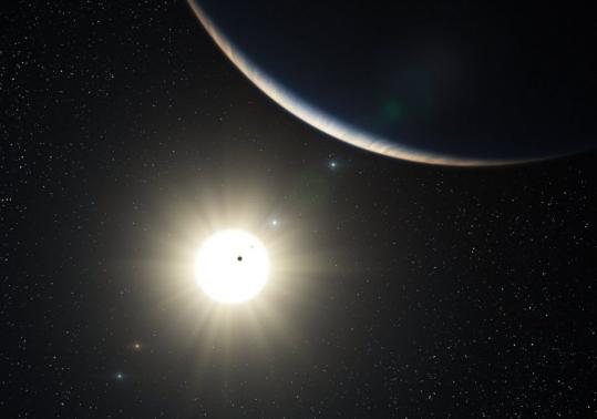 An artist’s impression depicts a planetary system around a sun-like star, HD 10180, which is 100 light-years away.