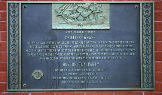 A plaque commemorating the Boston Tea Party and the former Griffins Wharf is at Independence Wharf on Atlantic Avenue.