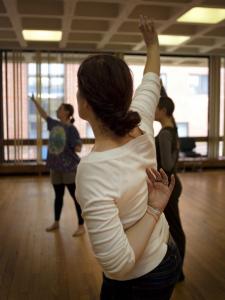 Clark University senior Lila Milukas participated in her first qigong class as part of the school’s Day of Slowing.