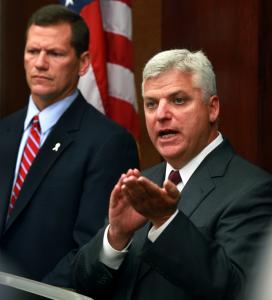 Middlesex District Attorney Gerard T. Leone Jr. (left) and Suffolk District Attorney Daniel F. Conley held a joint press in Cambridge yesterday to discuss the charges against Marcos Colono.