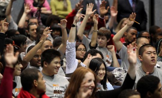 The crowd reacted to an answer from Governor Deval Patrick yesterday at a forum at English High School.