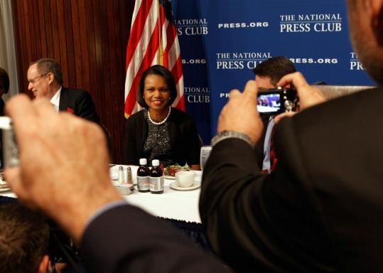 Condoleezza Rice posed yesterday before talking about her new book at the National Press Club.