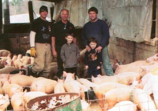 The Cave family surrounded by a few of the farm's pigs.
